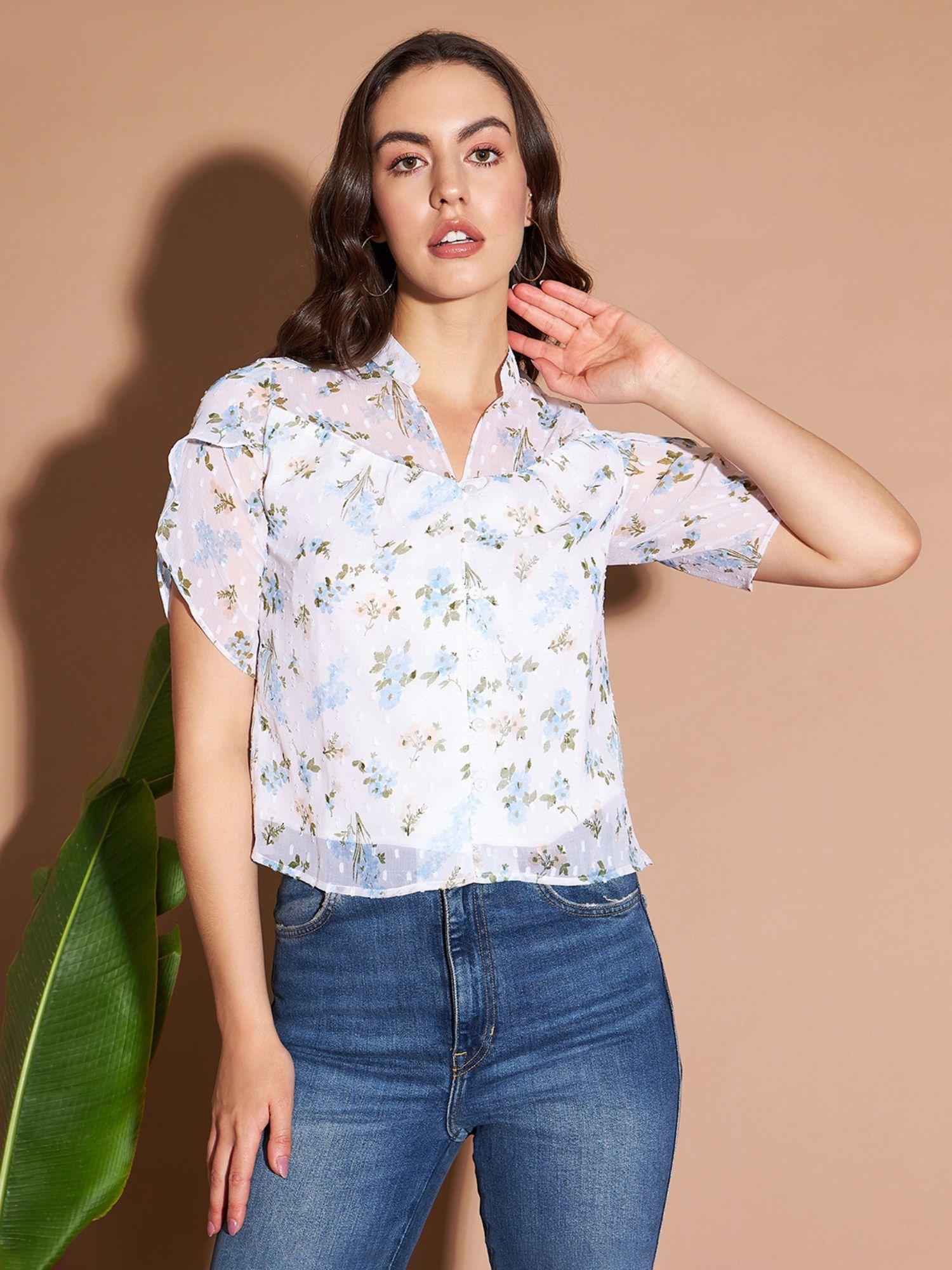 women casual white color v neck floral regular top