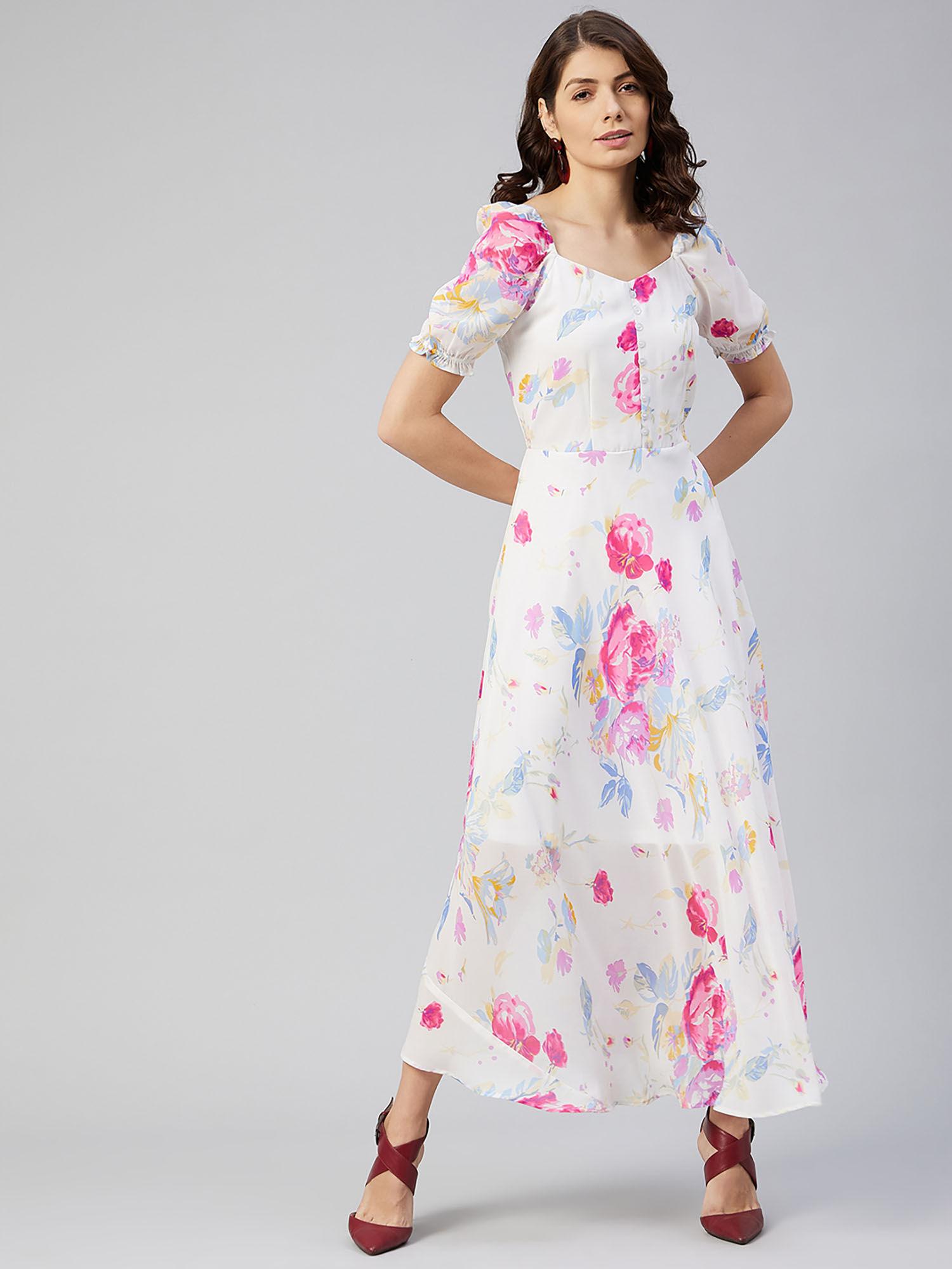 women casual white colour maxi floral print dress
