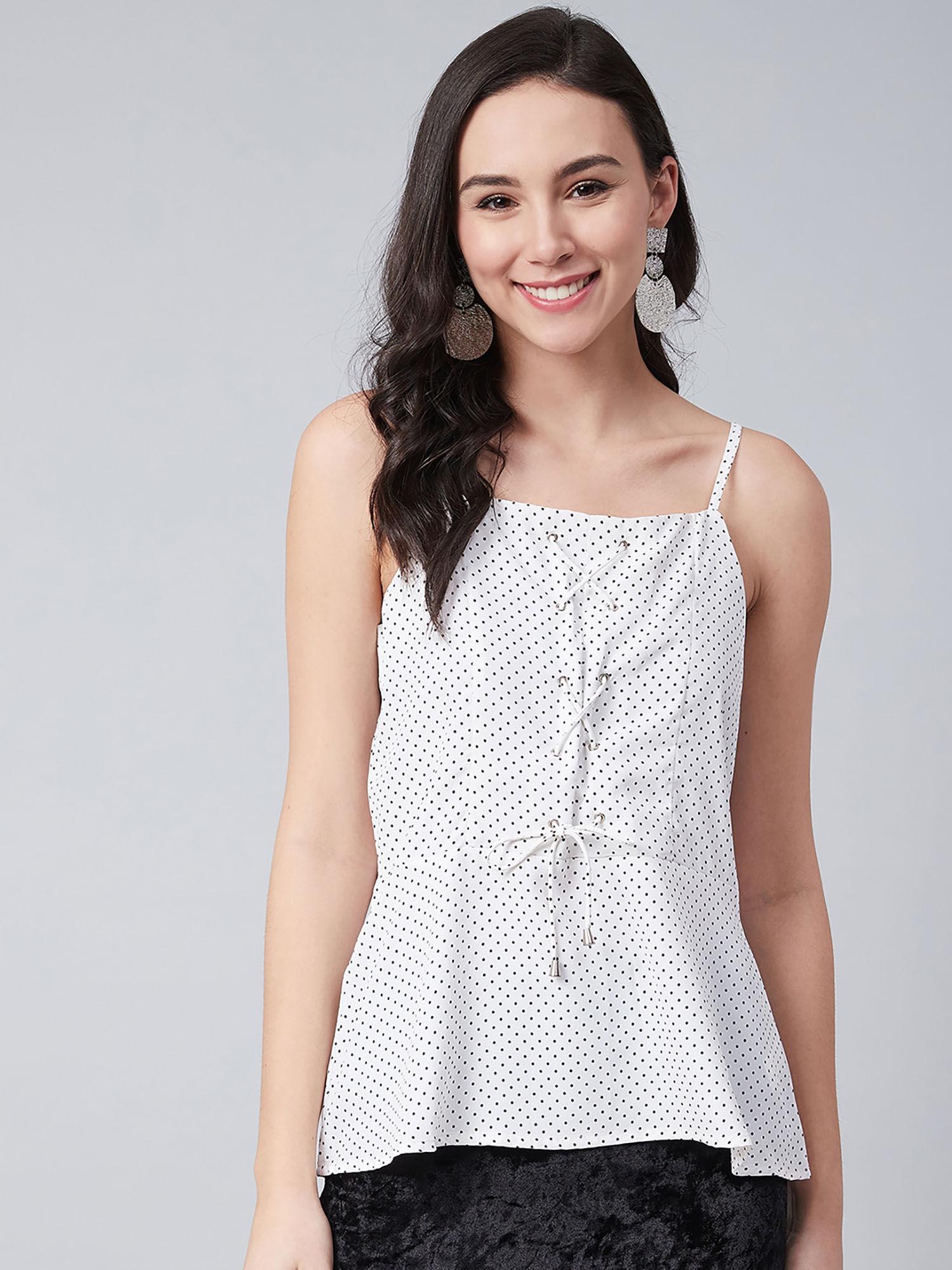 women casual white colour square neck polka dots print regular top