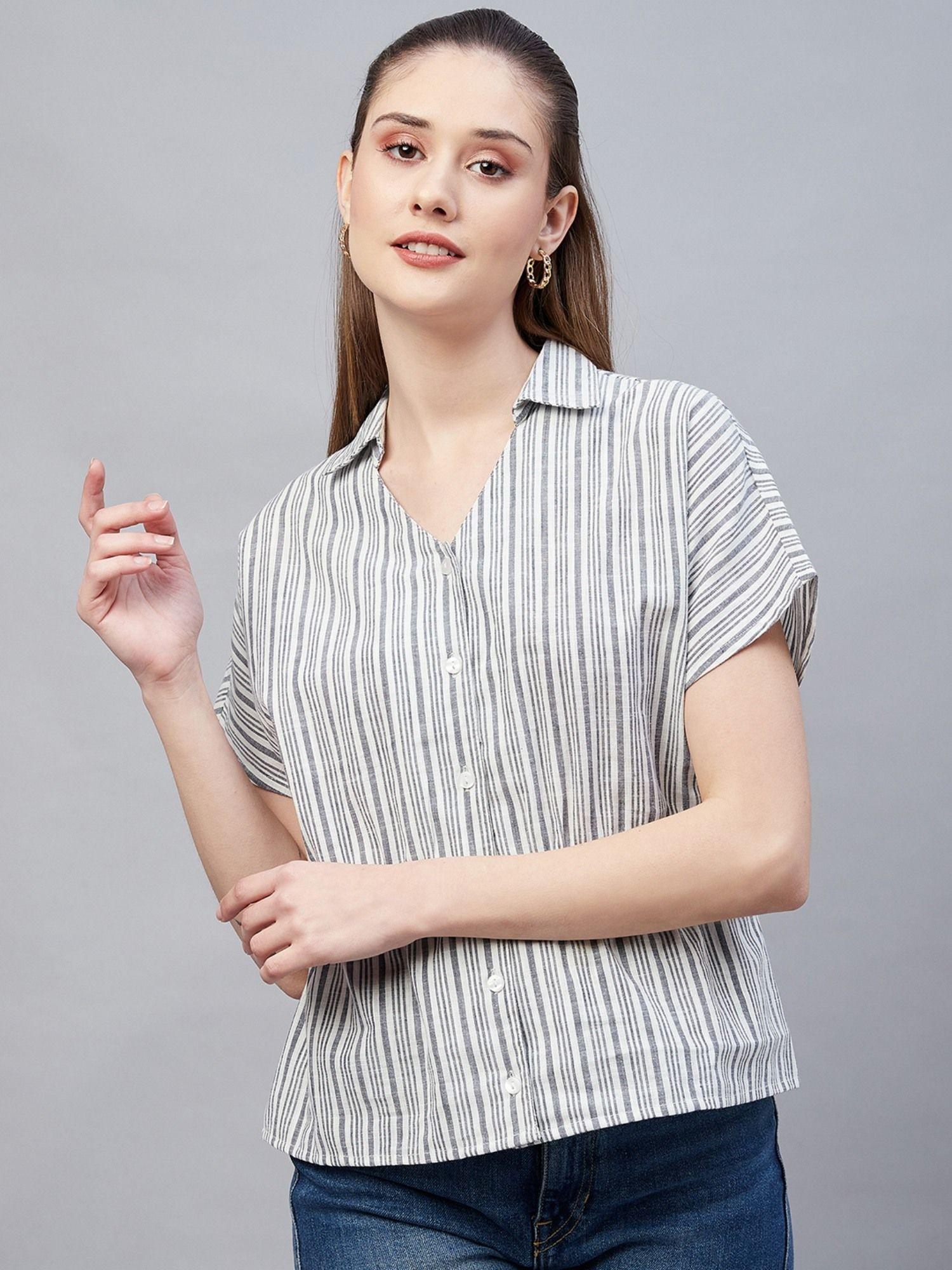 women casual white stripe color shirt collar vertical stripes