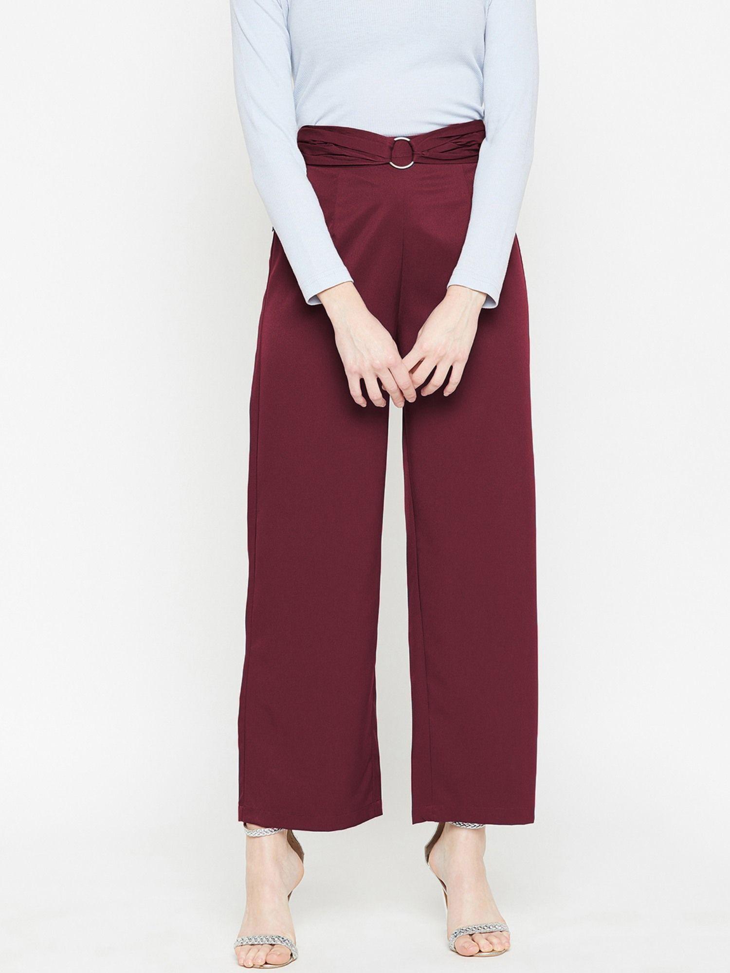 women casual wine color solid regular trousers