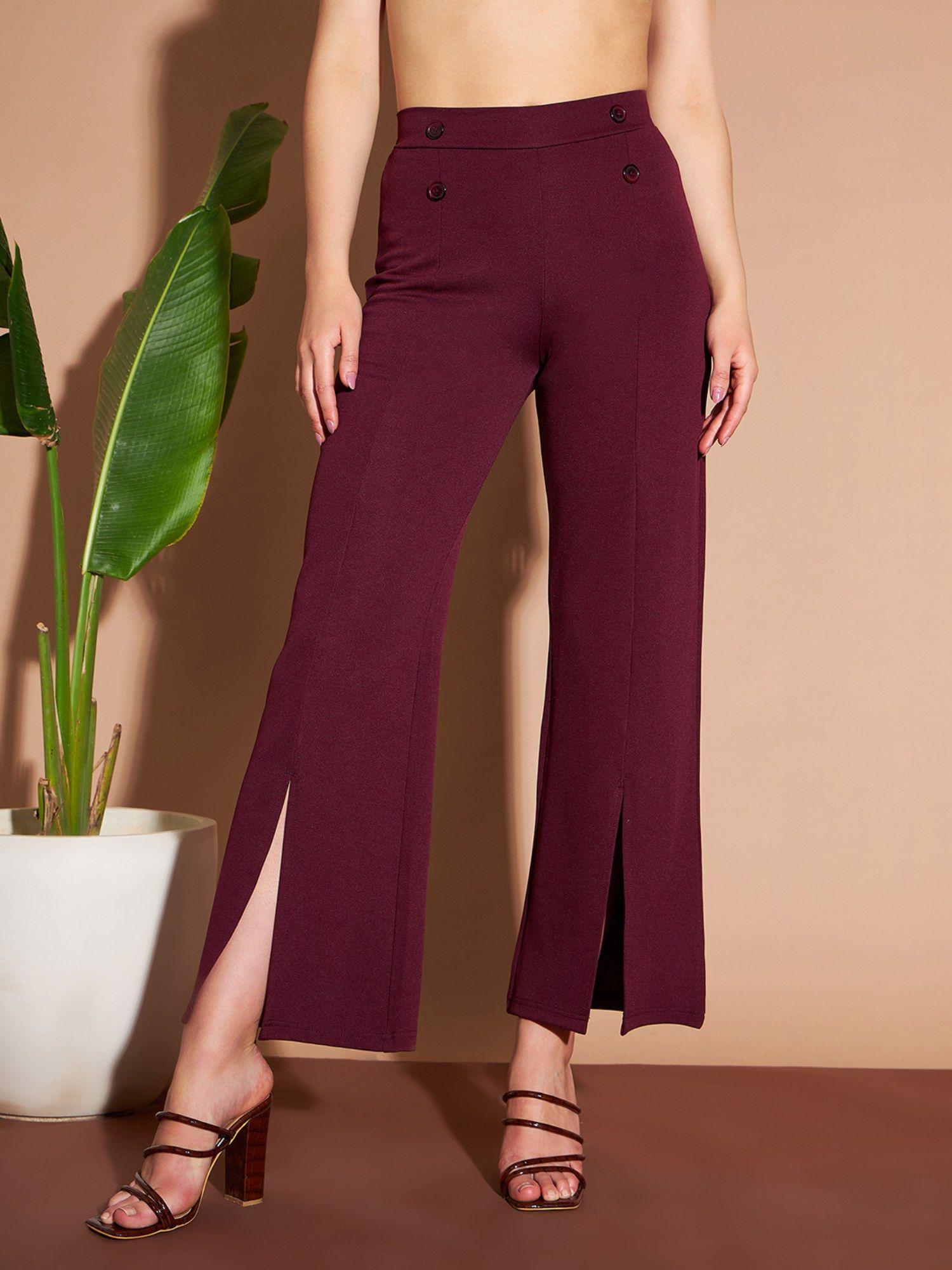 women casual wine color solid trouser