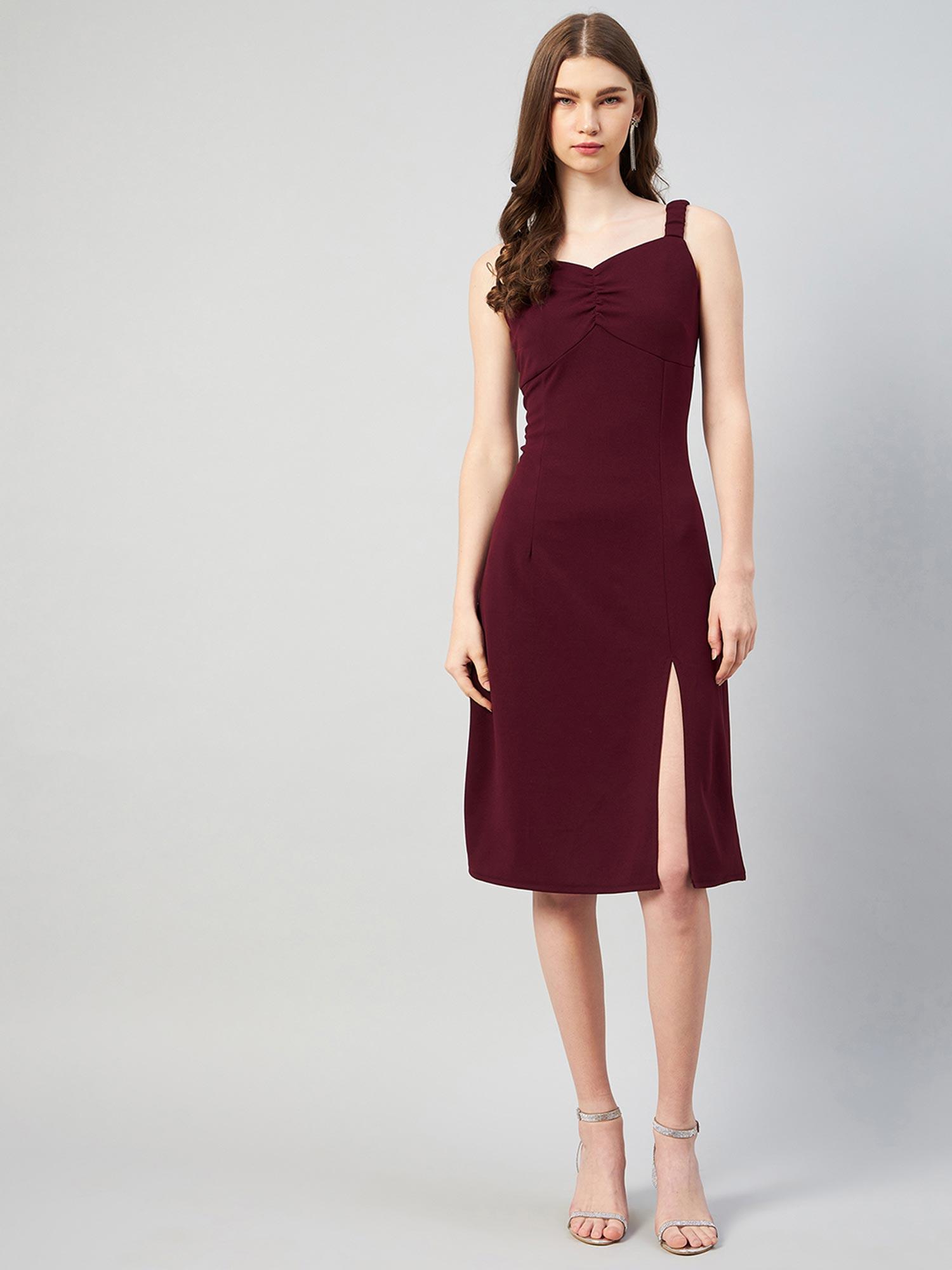 women casual wine colour knee length solid dress