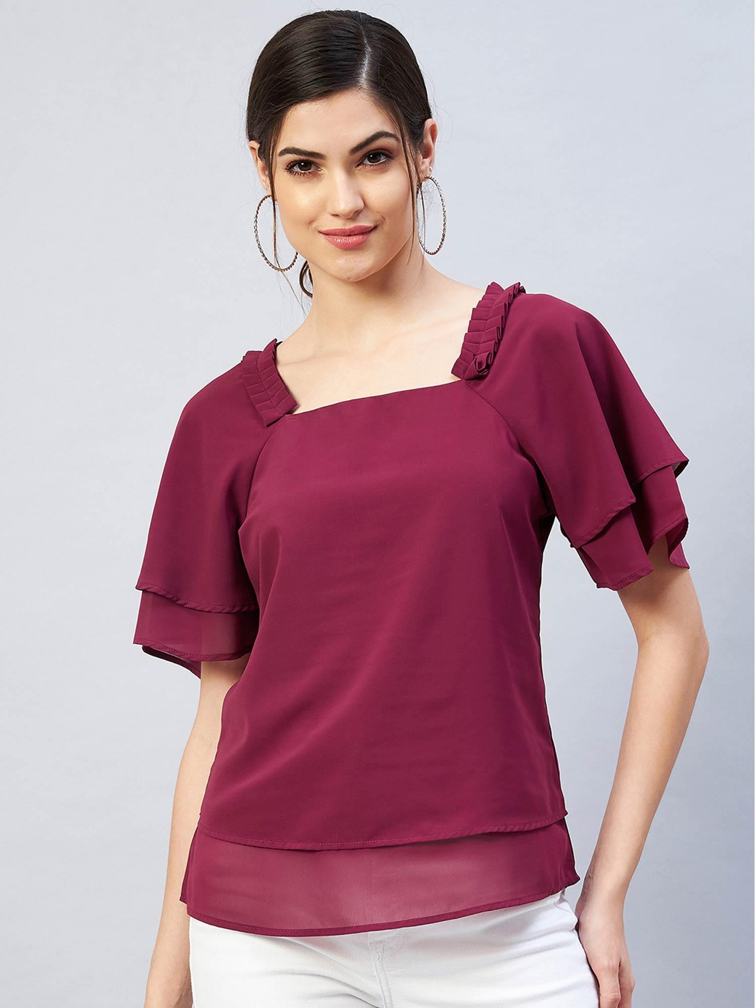 women casual wine colour square neck solid regular top