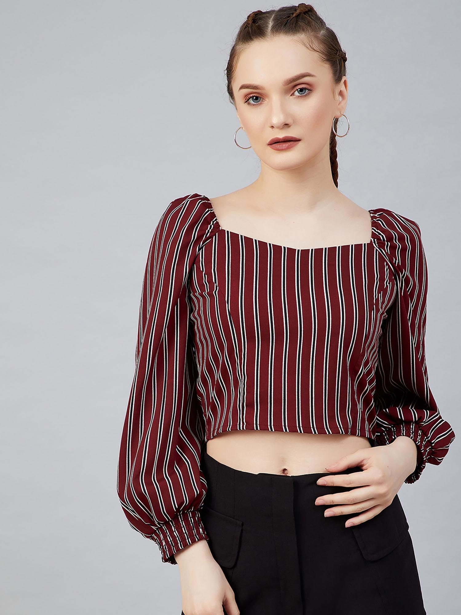 women casual wine colour sweetheart neck vertical stripes print regular top