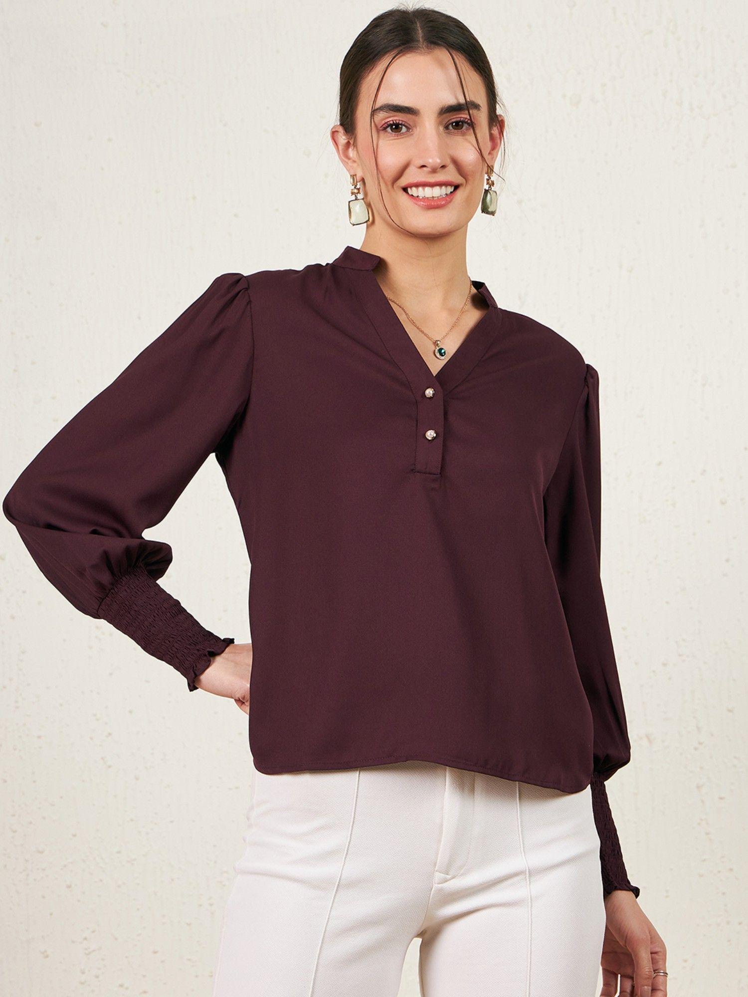 women casual wine colour v-neck solid regular top