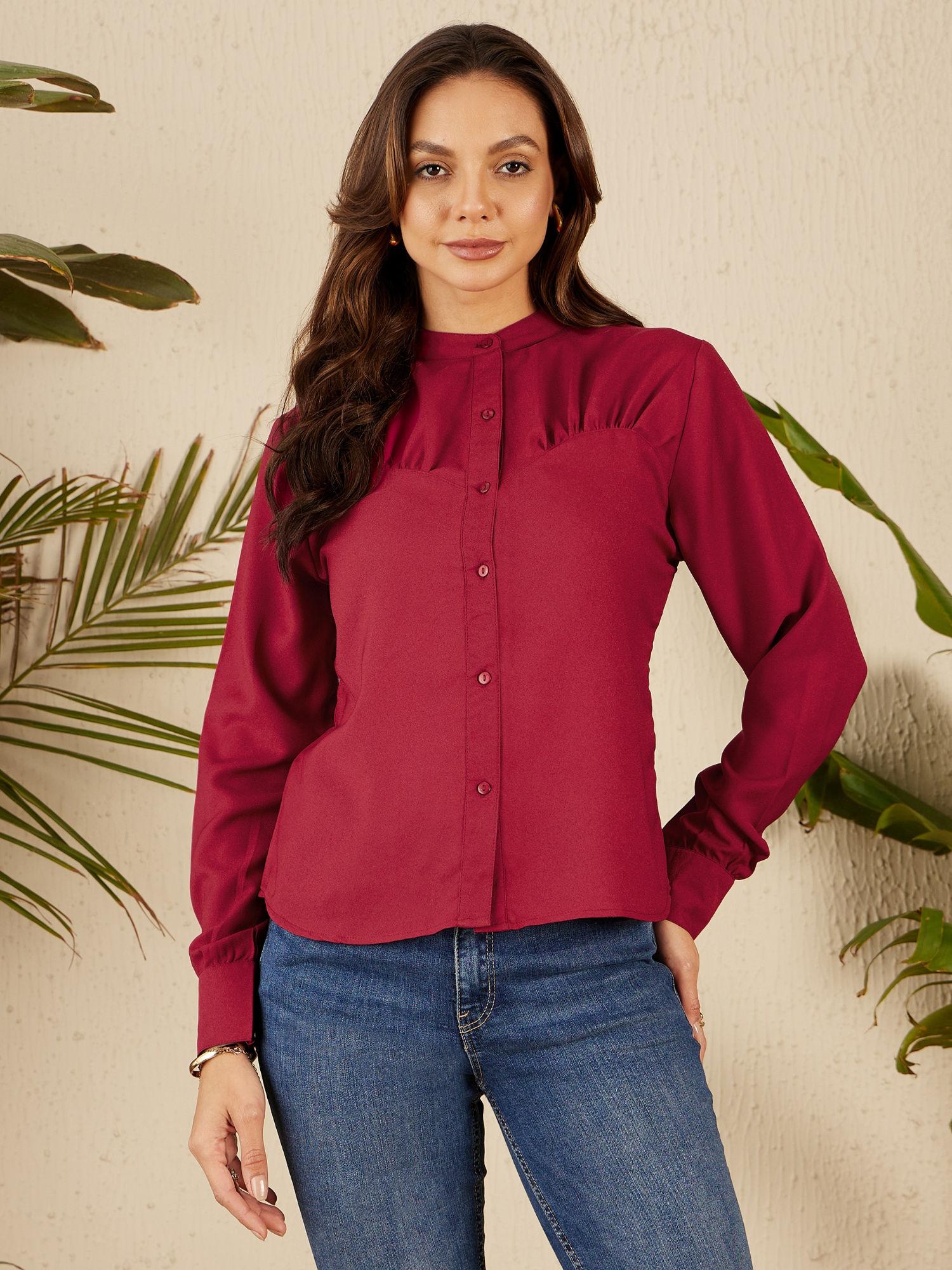 women casual wine mandarin collar solid shirt