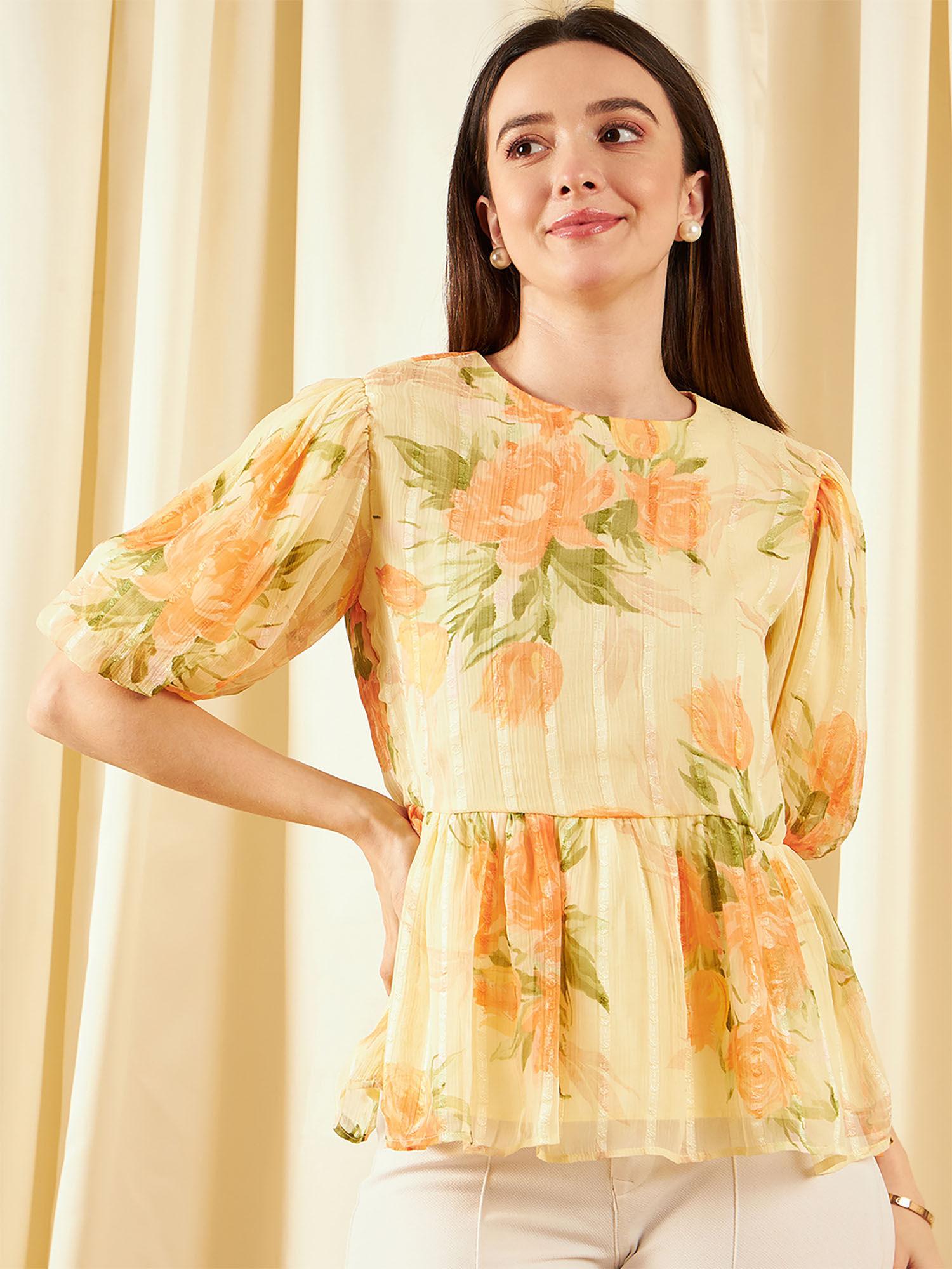 women casual yellow color round neck floral top