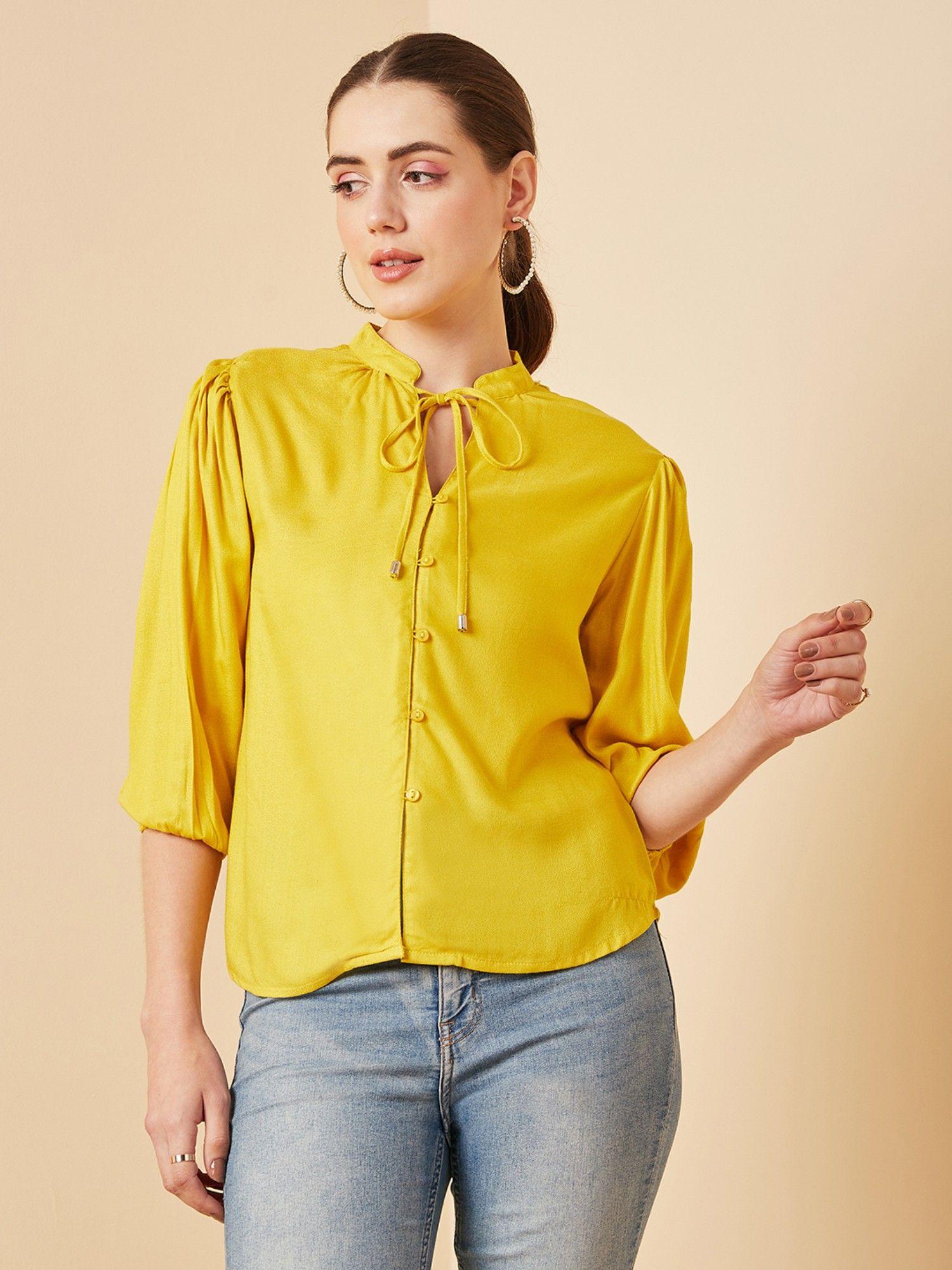 women casual yellow colour keyhole neck solid regular top