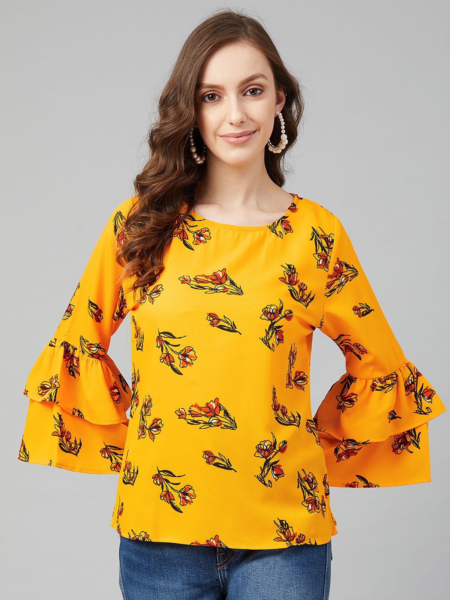 women casual yellow colour round neck floral print regular top