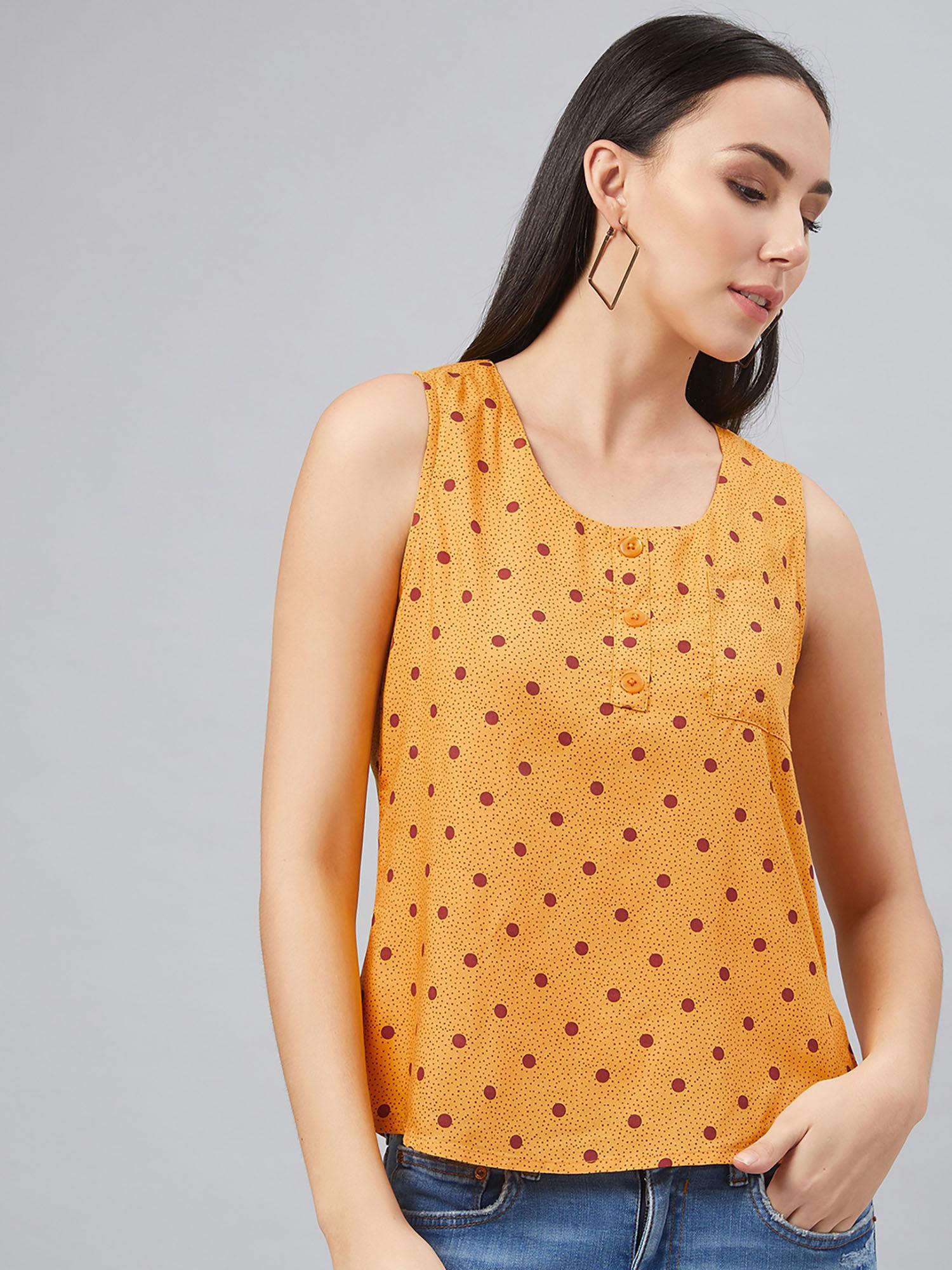 women casual yellow colour round neck polka dots print regular top
