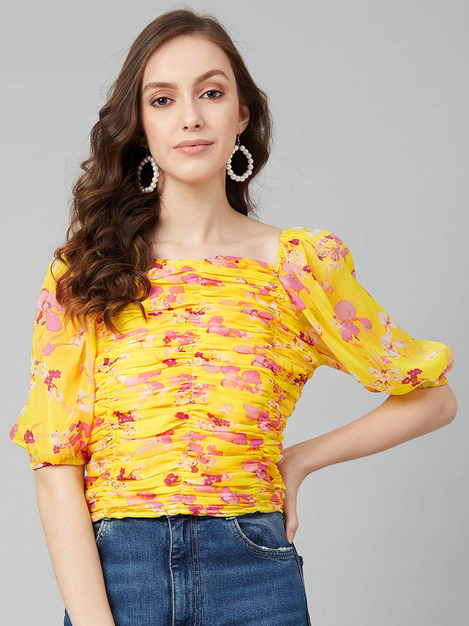 women casual yellow colour square neck floral print regular top