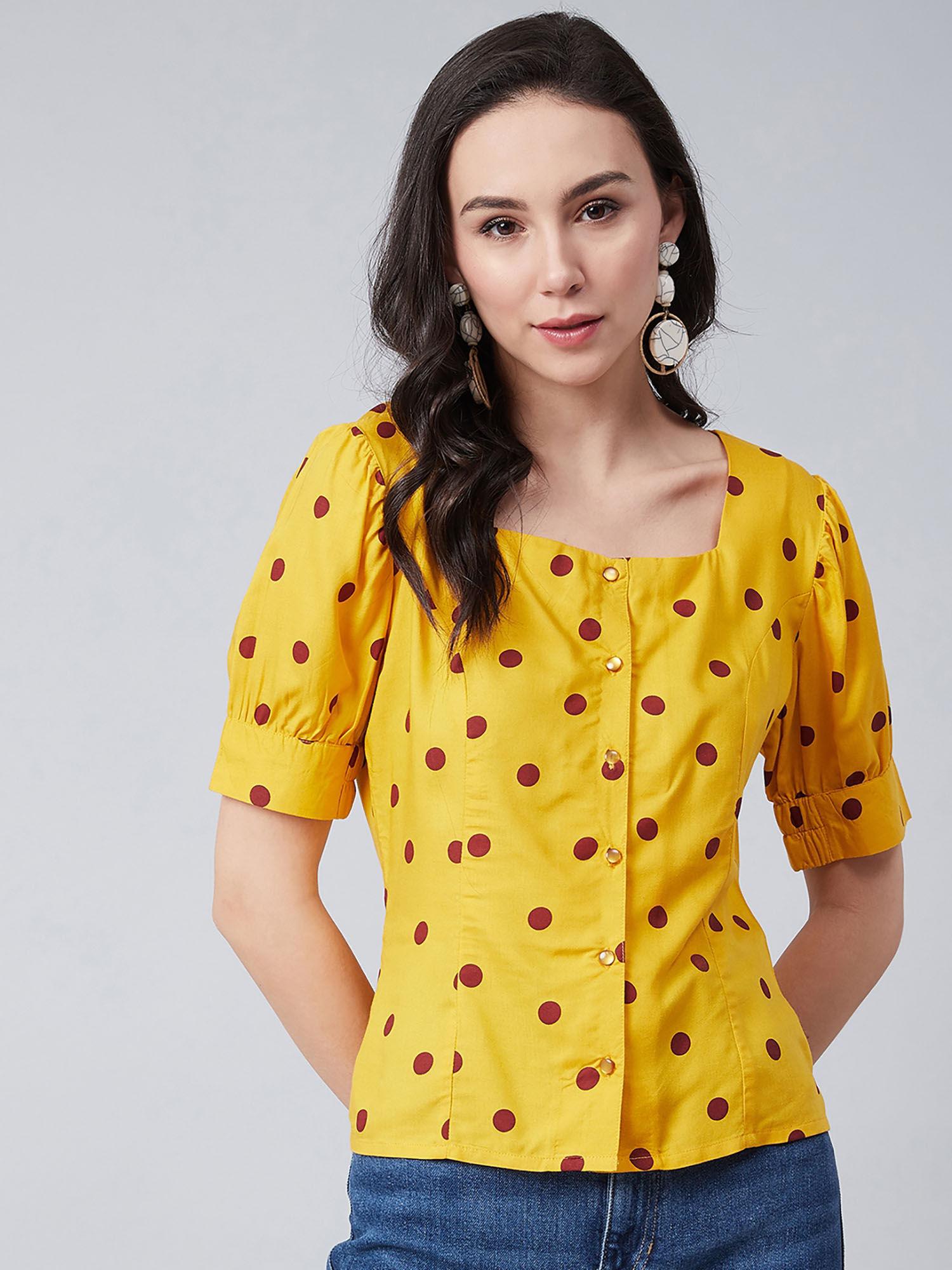 women casual yellow colour square neck polka dots print regular top