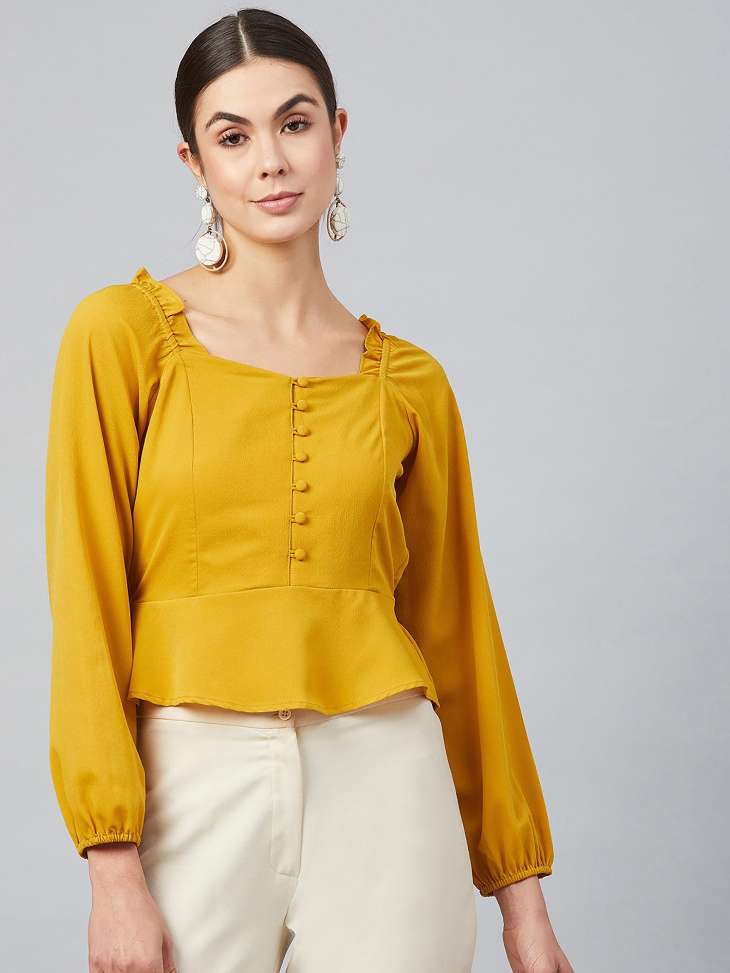 women casual yellow colour sweetheart neck floral print peplum top