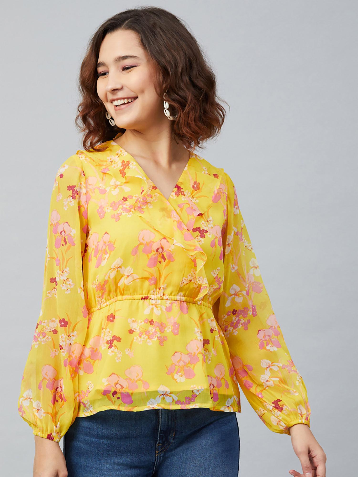 women casual yellow colour v-neck floral print wrap top