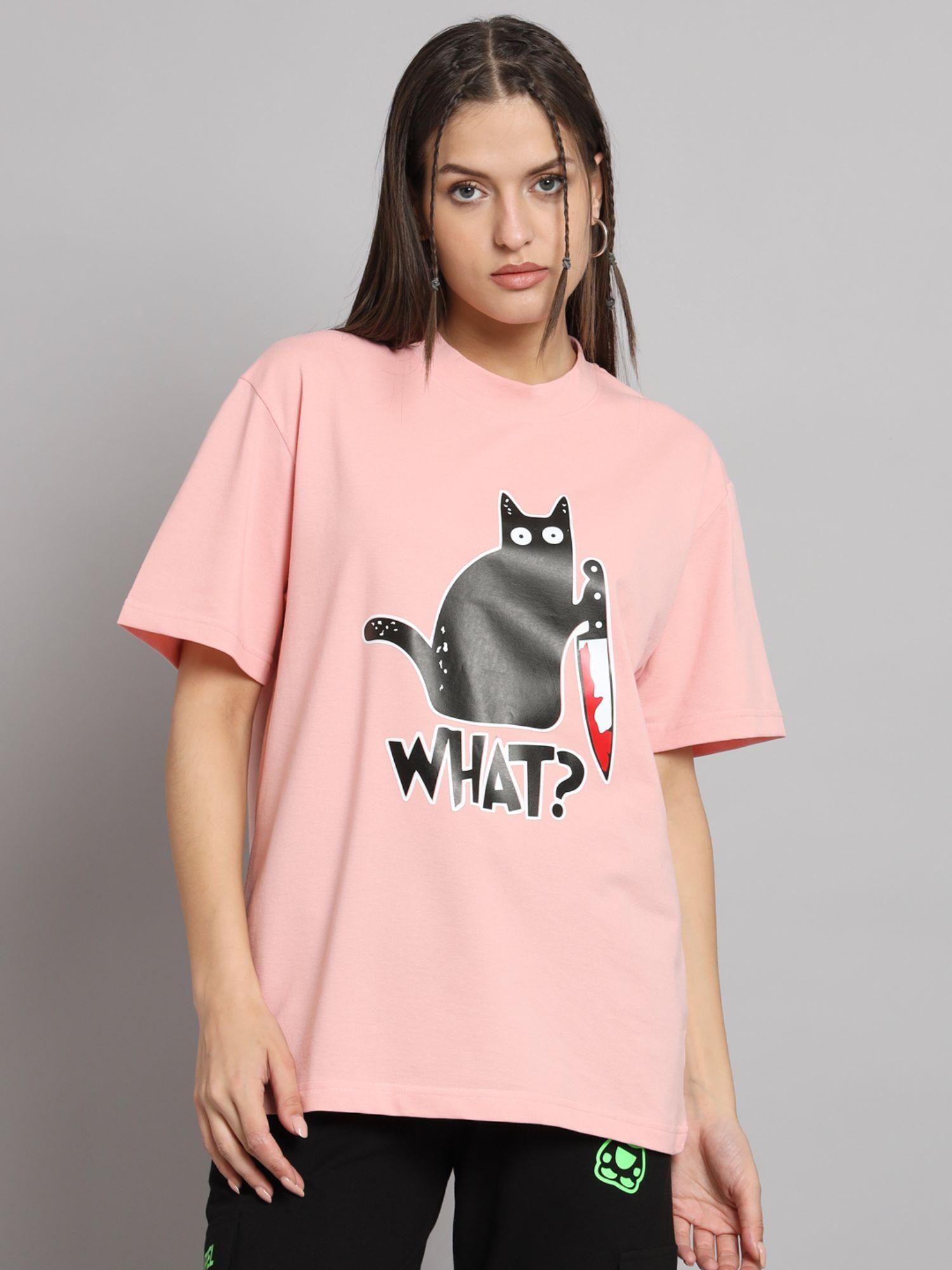 women cat oversized pink t-shirt