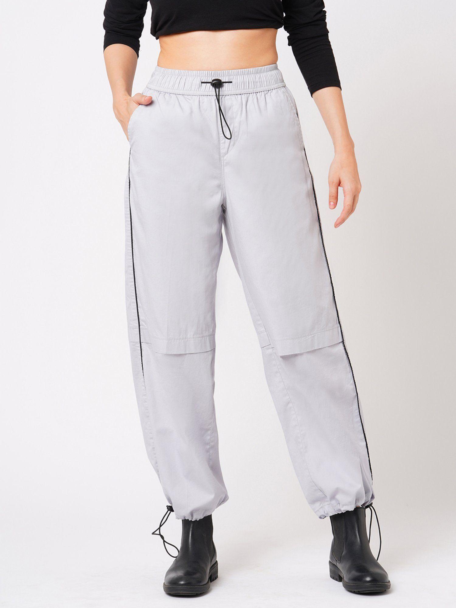 women cement grey loose fit mid-rise flat front cargo trousers