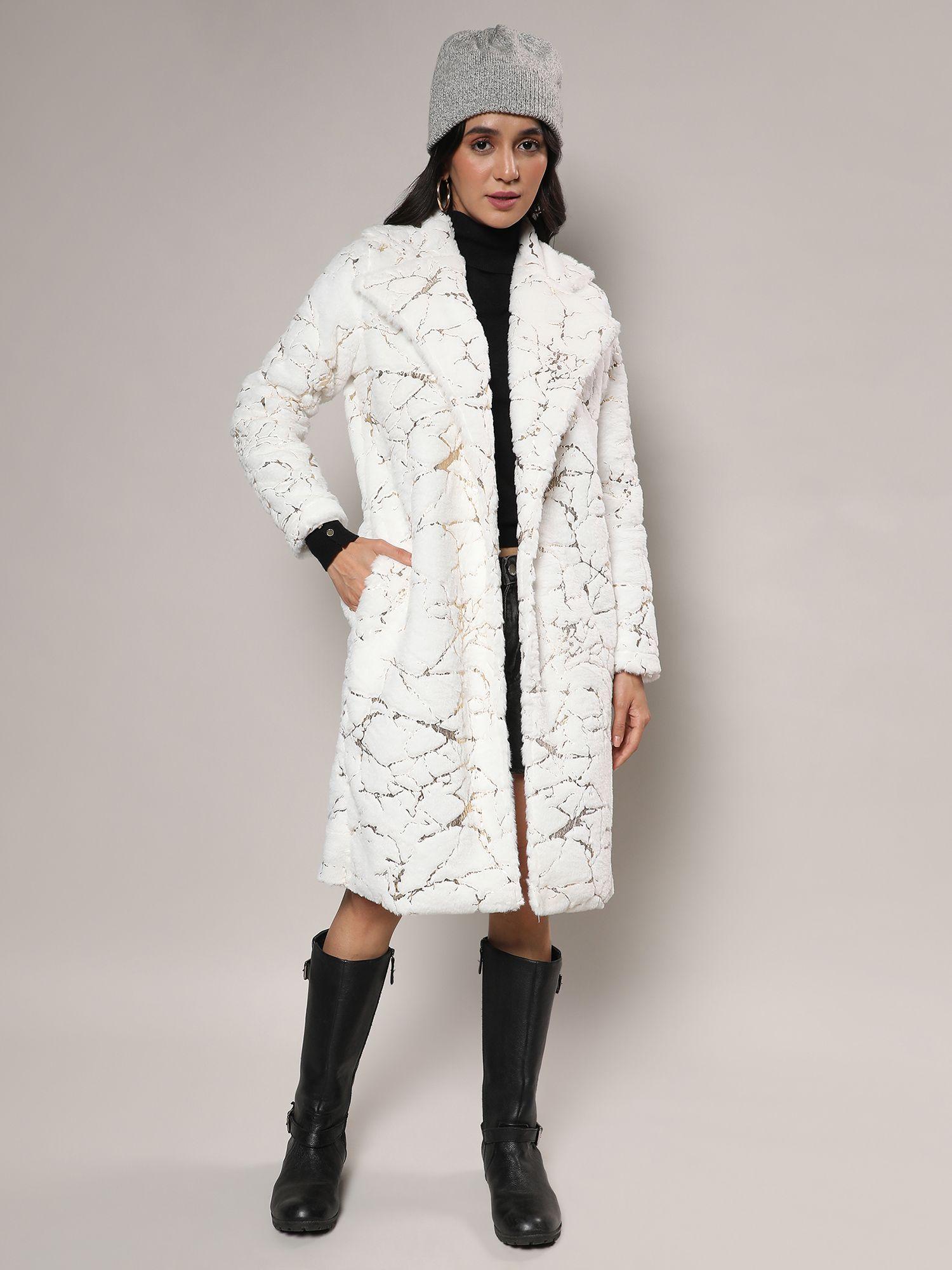 women chalk white metallic veined faux fur long coat