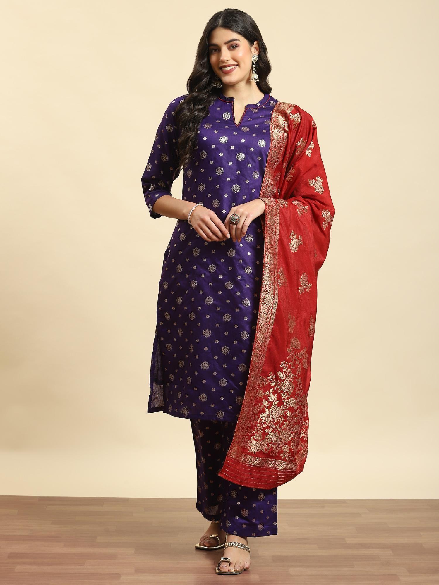 women chanderi jacquard purple jacquard kurta and comfort pant with dupatta (set of 3)