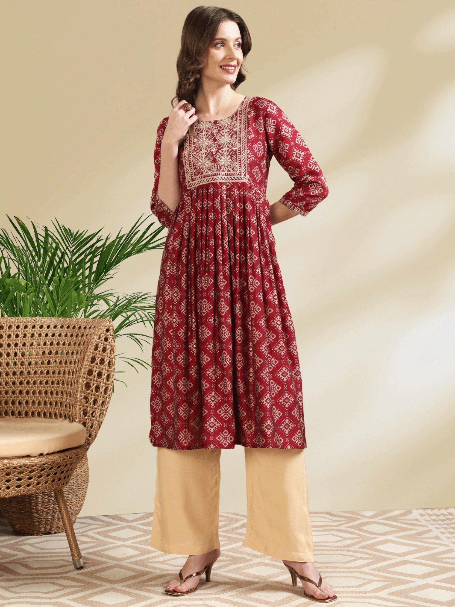 women chanderi maroon embroidered calf length nayra kurta