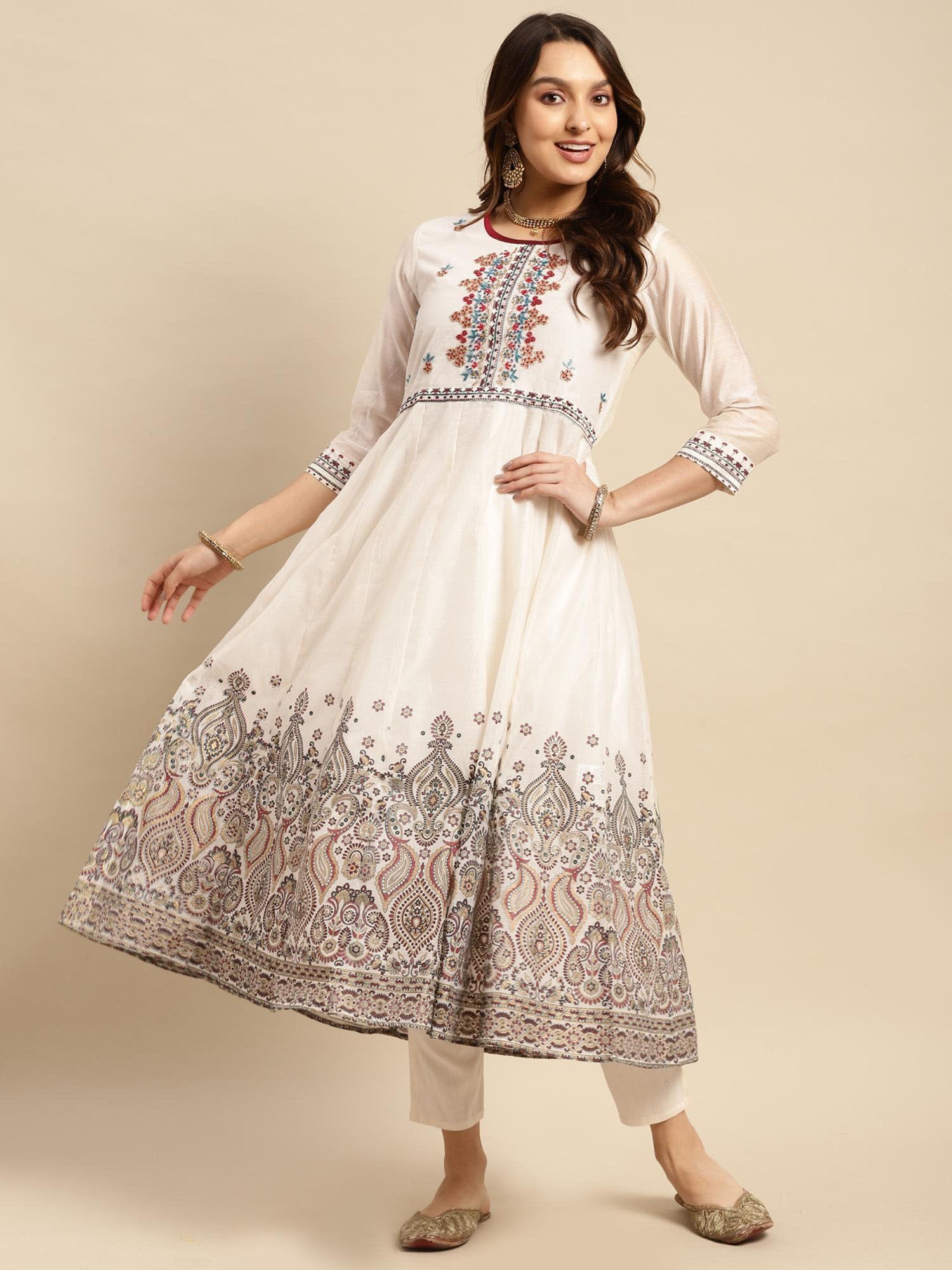 women chanderi off white yoke embroidered calf length anarkali kurta