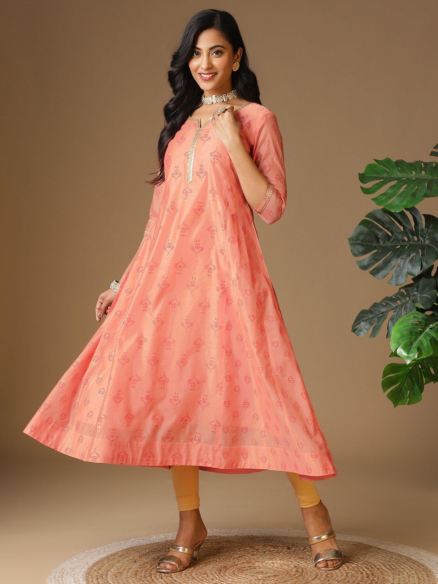 women chanderi peach embellished calf length anarkali kurta