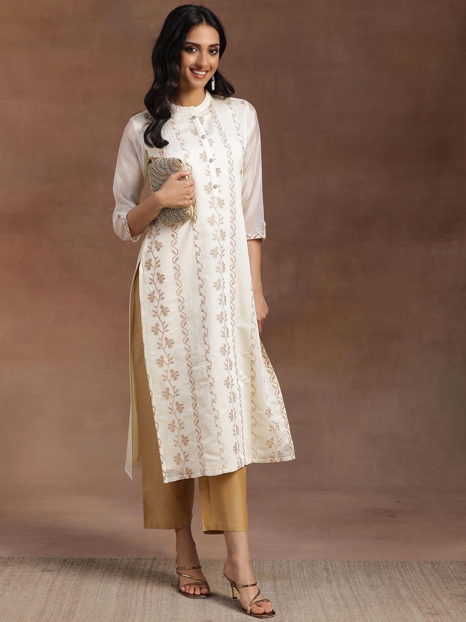 women chanderi silk off white embroidered kurta