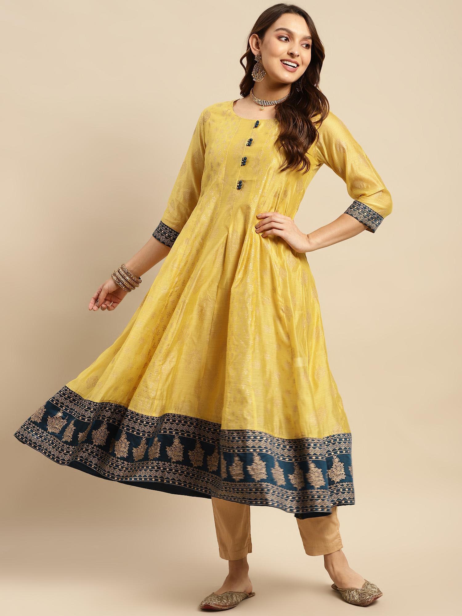 women chanderi yellow gold printed kalidar kurta with contrast border at bottom hem