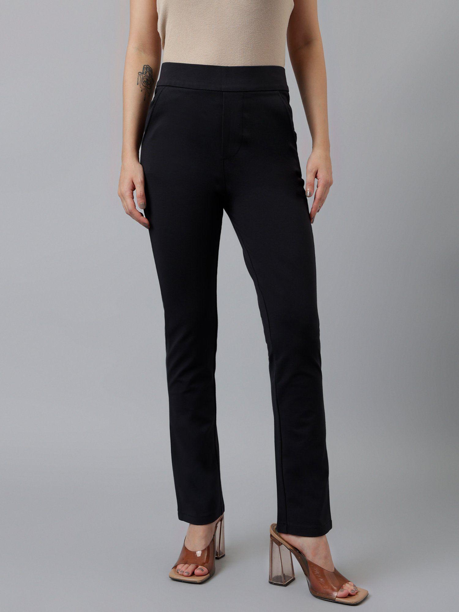 women charcoal blue solid slim fit high rise trouser