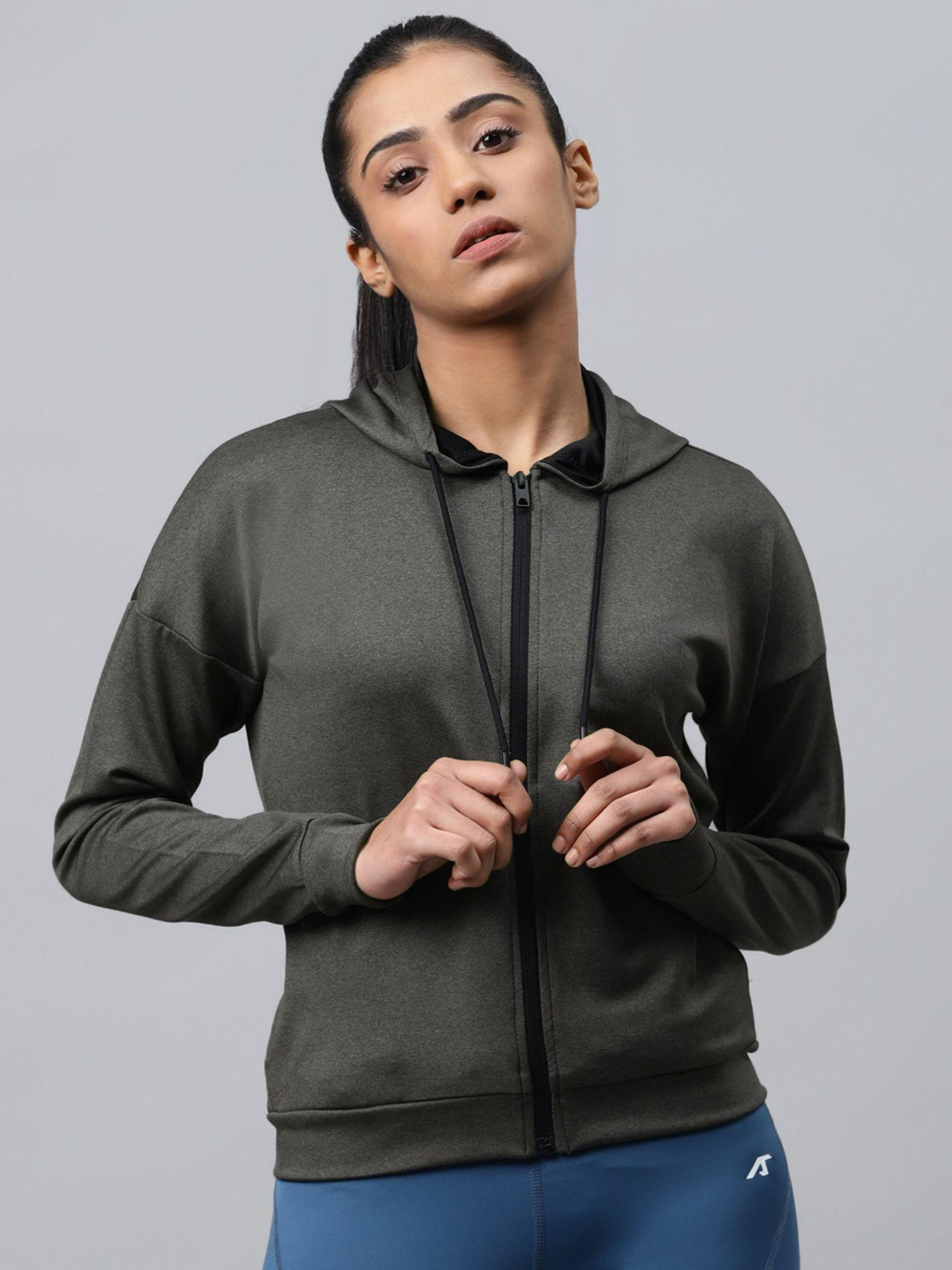 women charcoal grey hooded solid training jacket