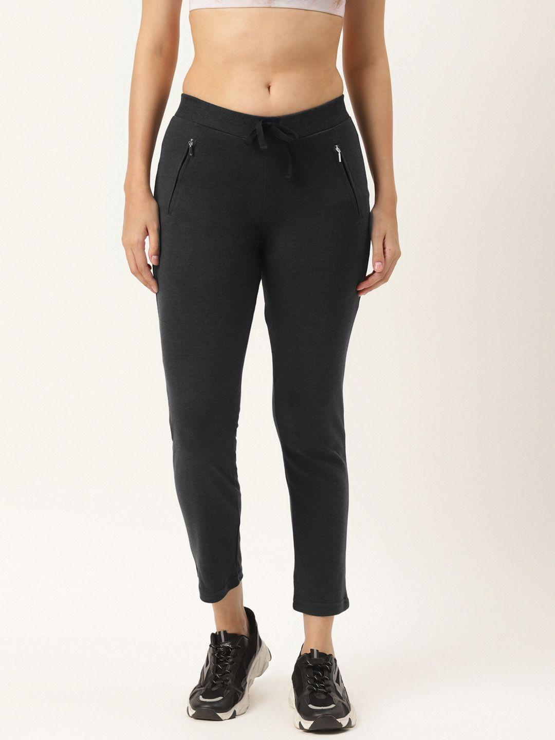 women charcoal grey solid slim fit cotton cropped track pants