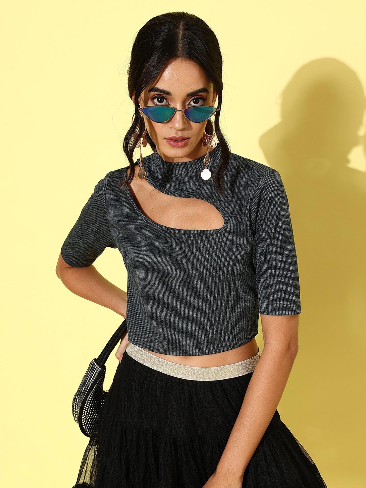 women charcoal grey textured cut-out detail crop top