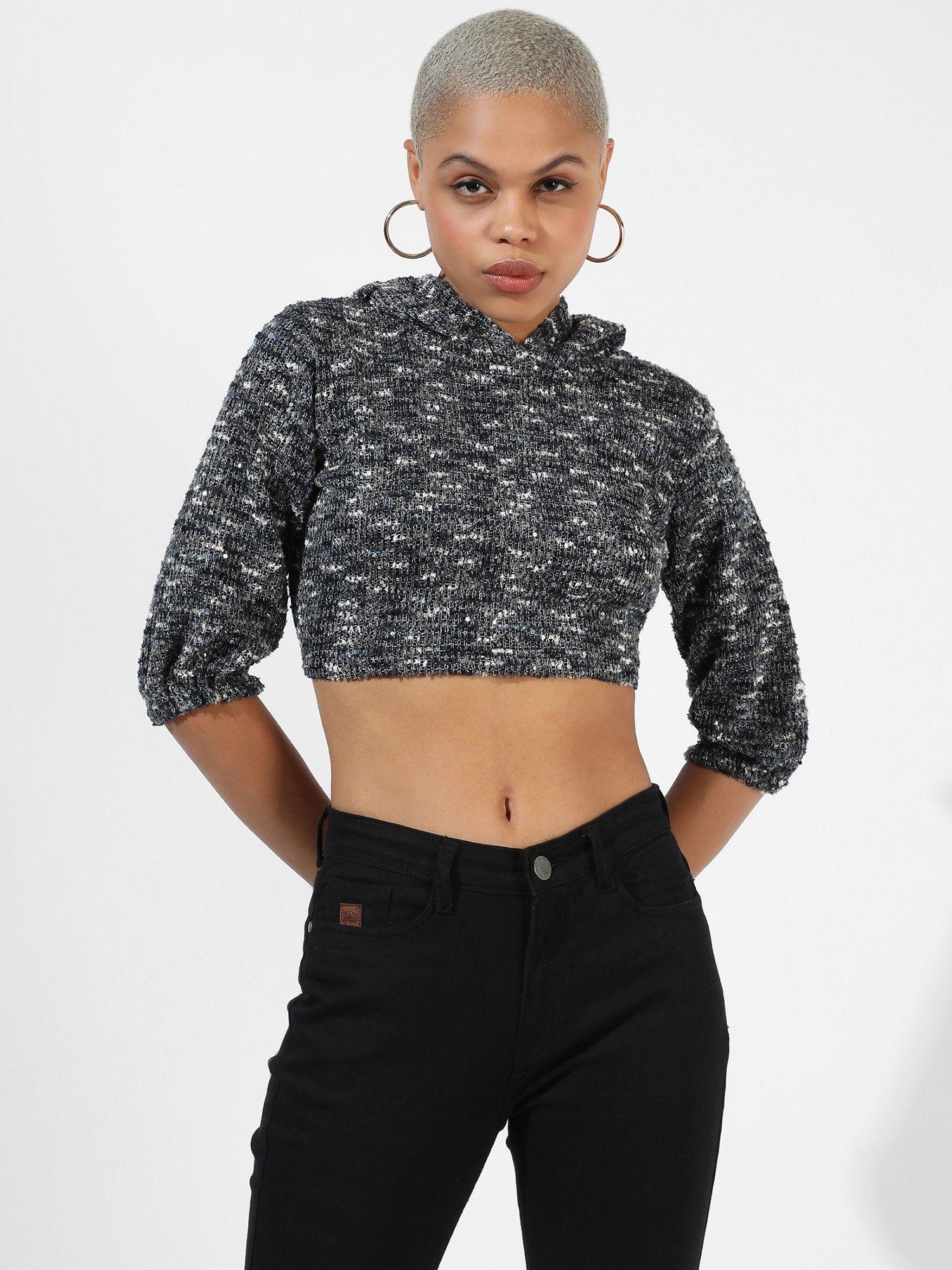 women charcoal grey textured regular fit top