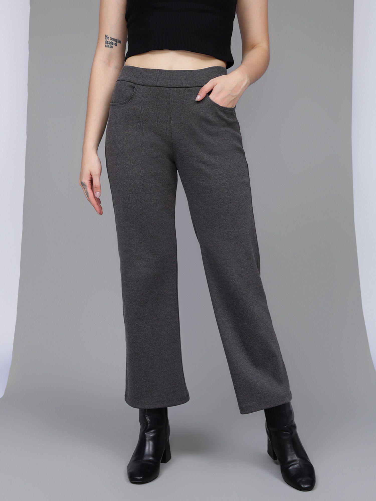 women charcoal ribbed wide leg high-rise trousers