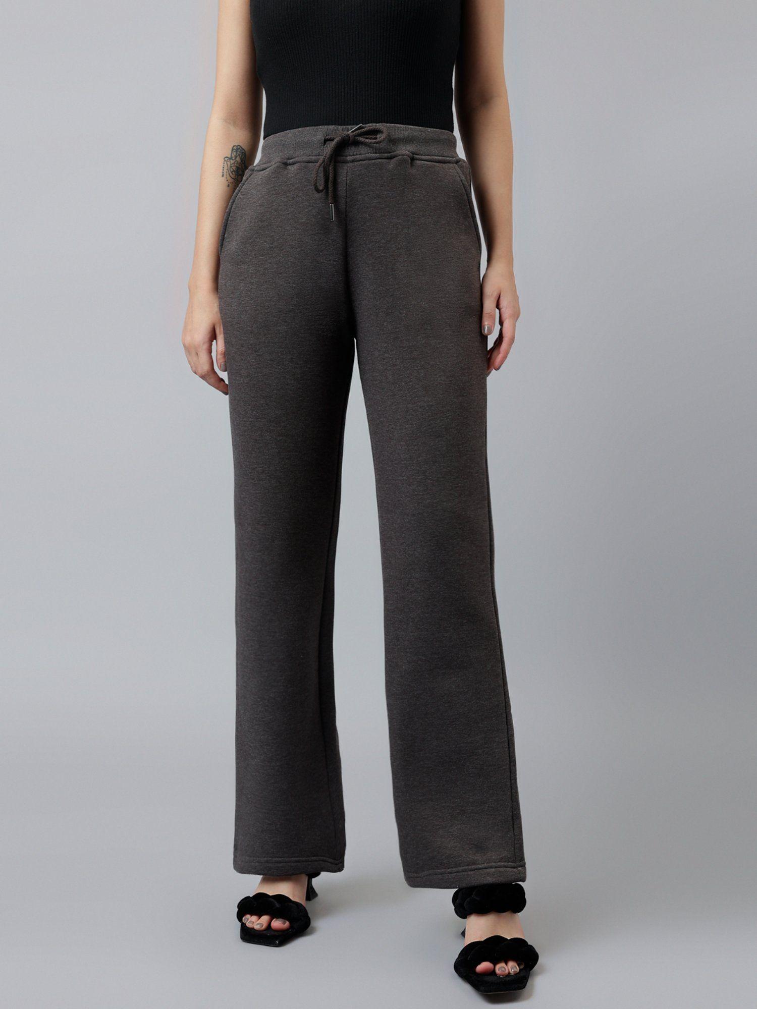 women charcoal solid fleecy wide leg trouser