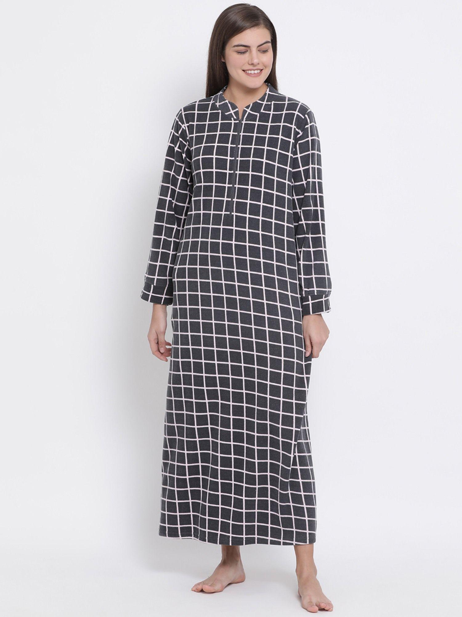 women charcoal white checked maxi winter wear nightdress