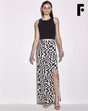 women checked a-line skirt with side slit