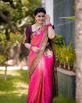 women checked banarasi silk saree