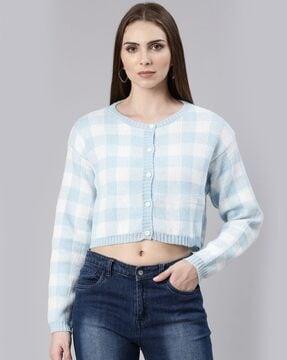 women checked button-down cardigan