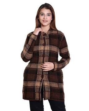 women checked button-down regular fit peacoat