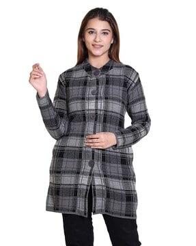 women checked button-down regular fit peacoat