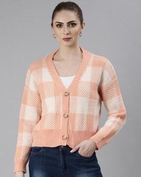 women checked cardigan with button-down closure