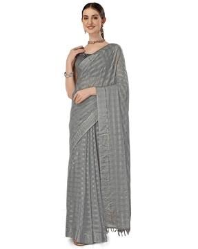 women checked chiffon saree with tassels