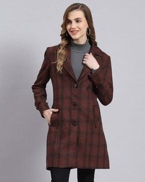 women checked coat with button closure