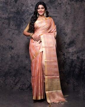 women checked cotton saree with tassels