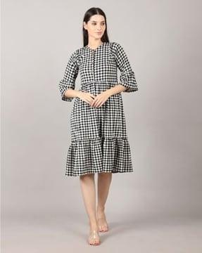 women checked fit & flare dress with round neck