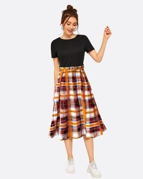 women checked fit and flare dress