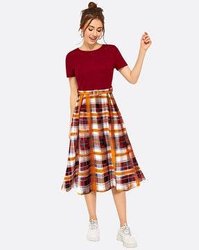 women checked fit and flare dress