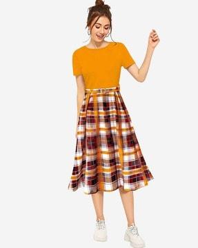 women checked fit and flare dress