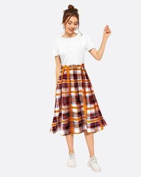 women checked fit and flare dress
